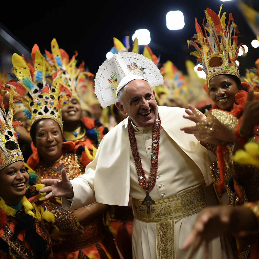 Papa Francisco desfilando em uma escola de samba no carnaval carioca - Imagem criada pela IA Midjourney