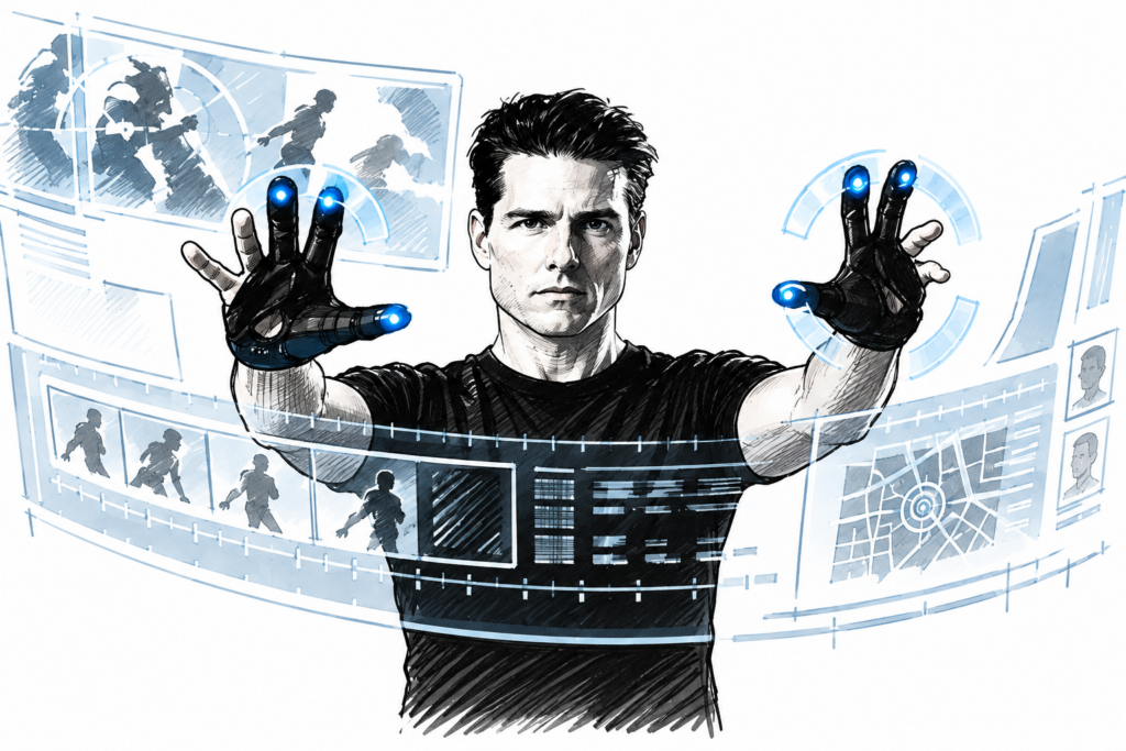 Cena do filme Minority Report, com Tom Cruise no papel de John Anderton, adaptada pelo ChatGPT para ilustrar vieses e injustiça