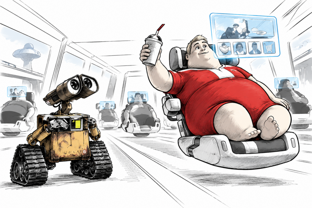 Cena do filme Wall-e da Pixar, adaptado pelo ChatGPT para representar a dependência de IA